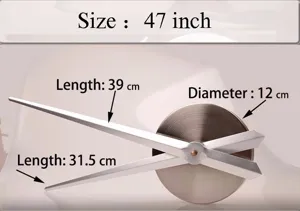 Detailed view of DIY 3D wall clock mechanism, silver metal hands and dial center part.