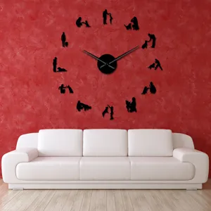 Gran reloj de pared DIY de acrílico 3D con silueta de perro y humano para decoración de sala moderna.