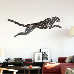 Geometric acrylic cheetah wall sticker, 3D mirror leopard decal for modern living room decor.