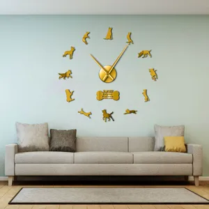 Modern 3D acrylic mirror wall clock featuring dog silhouettes as hour markers, DIY home decor.
