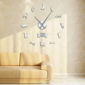 Large 3D acrylic mirror wall clock with Belgian Malinois dog silhouettes for living room decor.