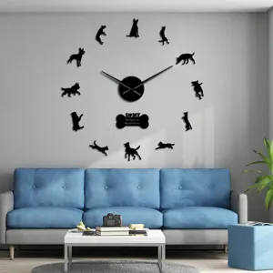 3D acrylic mirror wall clock with Belgian Malinois dog silhouettes for living room decor.
