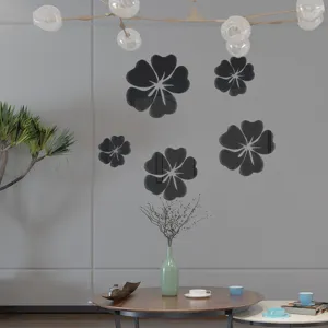 Acrylic mirror wall stickers, 3D hibiscus flower decor for living room and bedroom walls.