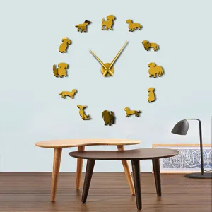DIY acrylic wall clock with cute puppy silhouettes, modern golden mirror finish home decor.