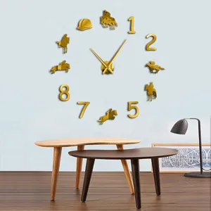 DIY acrylic wall clock with 3D equestrian horse design and gold numbers for modern living room decor.