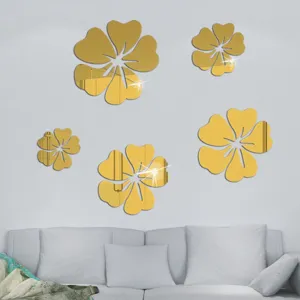 Gold mirror acrylic flower wall sticker self adhesive 3d wall decor for living room