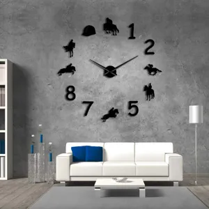 Large DIY acrylic wall clock with horse equestrian silhouette for modern living room decor.
