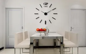 Modern minimalist DIY wall clock in a dining room scene, featuring a large acrylic mirror design.