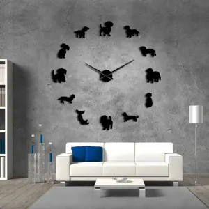 DIY acrylic dog silhouette wall clock, modern large wall art decor for living room interior.