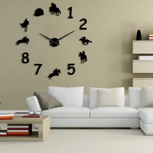 DIY acrylic wall clock with equestrian horse silhouettes for modern living room decor.