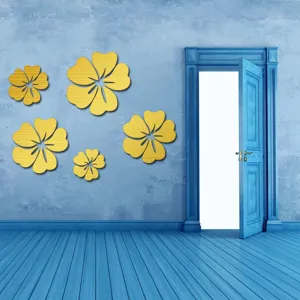 Gold acrylic hibiscus flower mirror wall stickers 3D self-adhesive home decor details.