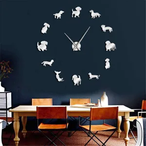 DIY large wall clock acrylic dachshund dog mirror silhouettes home decor living room