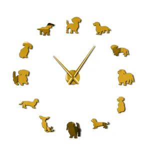 DIY acrylic wall clock with gold dog shapes as numbers for modern living room decor.