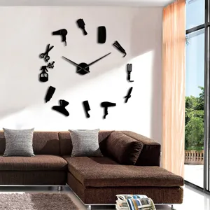 Modern DIY acrylic wall clock with hair salon theme, perfect for living room decor.