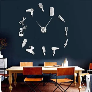 Hairdressing salon theme DIY acrylic wall clock, creative beauty shop decor timepiece.