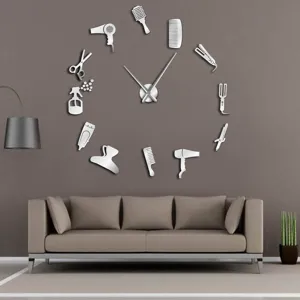 Modern DIY hair salon tools wall clock, large acrylic mirror clock for living room decor.