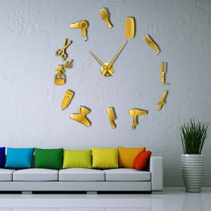 Modern gold acrylic DIY wall clock with hairdressing tools design for stylish living room decor.