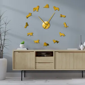 DIY acrylic dog wall clock with modern golden silhouettes for living room home decor.