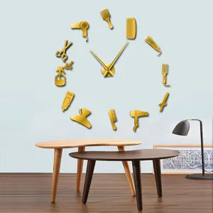 Modern gold acrylic hairdressing tool DIY wall clock for salon and living room decor.
