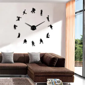 Reloj de pared DIY de baloncesto grande con siluetas, reloj acrílico para sala de estar