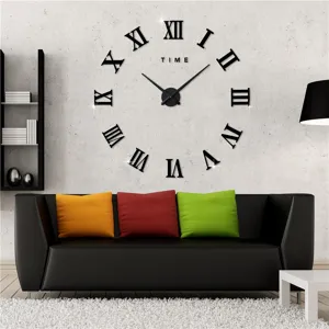Gedetailleerd overzicht van de grote DIY 3D Romeinse cijfers wandklok in zwart acryl.