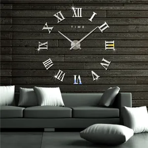 3D DIY Romeinse Cijfers Wandklok Grote Spiegel Oppervlak Klok Woonkamer Decor Huis