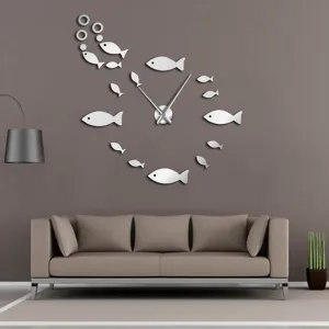 Wohnzimmer 3D Spiegel Fisch Wanduhr Detail Szene, moderne Acryl DIY Kunst Dekoration.