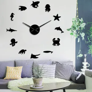 DIY 3D Acryl Spiegel Wanduhr Moderner Europäischer Stil Meerestier Thema Große Wanduhr Heim Wohnzimmer Dekor