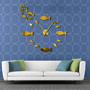 3D Acryl Spiegel Wanduhr Fisch Design Gold große kreative Uhr für Wohnzimmer Dekor