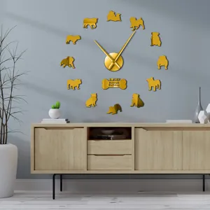 Modern DIY acrylic bulldog wall clock with gold finish, perfect for living room wall decor.