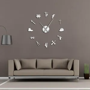 Modern 3D DIY acrylic wall clock featuring electrician tool silhouettes in a living room.