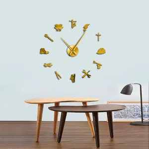 Close-up scene of a creative 3D DIY wall clock featuring electrician tool markers on living room wall.