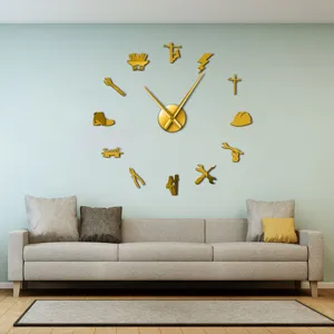 3D acrylic electrician tool DIY wall clock, creative large gold home decor timepiece detail.