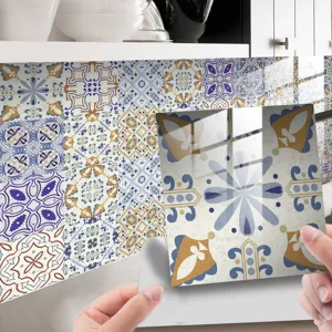 Close-up of retro mosaic tile sticker, self-adhesive PVC waterproof surface for kitchen wall decor.