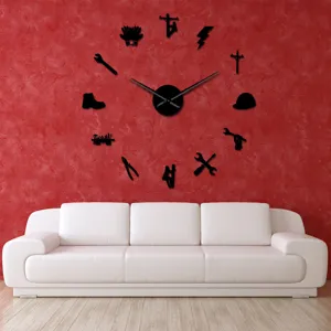 Modern 3D acrylic DIY wall clock with electrician tools theme, perfect living room decor.