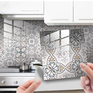 Waterproof crystal tile sticker with retro floral patchwork design for kitchen and bathroom decor.