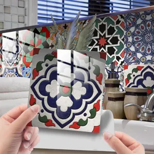 Retro peel and stick tile sticker close up, self-adhesive kitchen wall decor, waterproof.