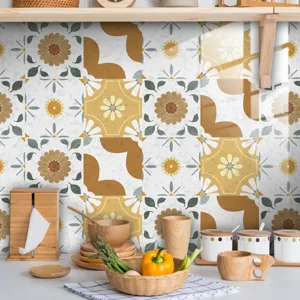Detail view of retro floral kitchen tile stickers, waterproof wall decals for home decor.