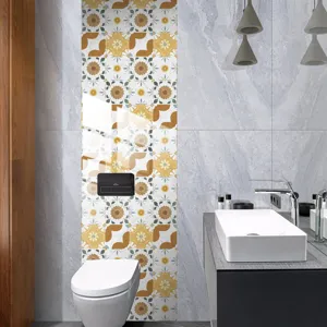 Detailed close-up view of retro floral tile stickers applied on a modern bathroom wall.