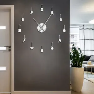 Moderne 3D Acryl Spiegel Gitarre Wanduhr, große DIY Uhr für Wohnzimmer Heimdekoration.
