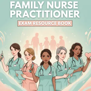 Detail shot of nurse practitioner exam resource book cover featuring professional medical graphics.