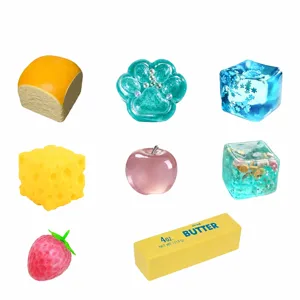 Size chart details showing dimensions of 8 pieces cute stress relief toys set in various shapes.