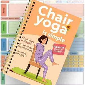 Detailansicht des Stuhl-Yoga-Leitfaden-Spiralbuchcovers mit Fitness-Routine-Anweisungen.