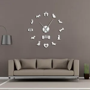 Acrylic 3D Scottish Terrier wall clock, modern DIY mirror sticker clock for living room decor.