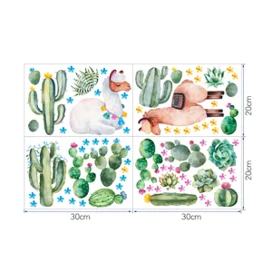 Vista ravvicinata di adesivi murali ad acquerello con alpaca e cactus per la stanza.