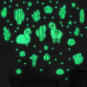 Adesivi murali cactus succulenta alpaca al buio, decorazione stanza bambini.