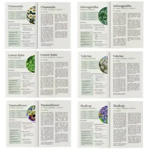 Página de detalles del libro de hierbas con perfiles de plantas como manzanilla.