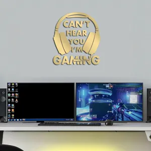 Gaming headphone wall sticker detail shot, showing the gold mirror acrylic finish on room wall.