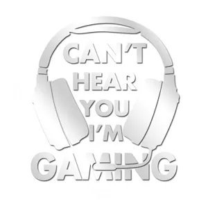 Silver mirror gaming wall sticker detail view, featuring headphones and text design for room decor.