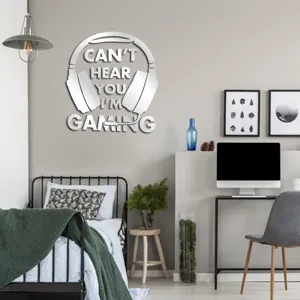 Acrylic mirror wall sticker with gaming headphone quote, perfect for kids room decor.